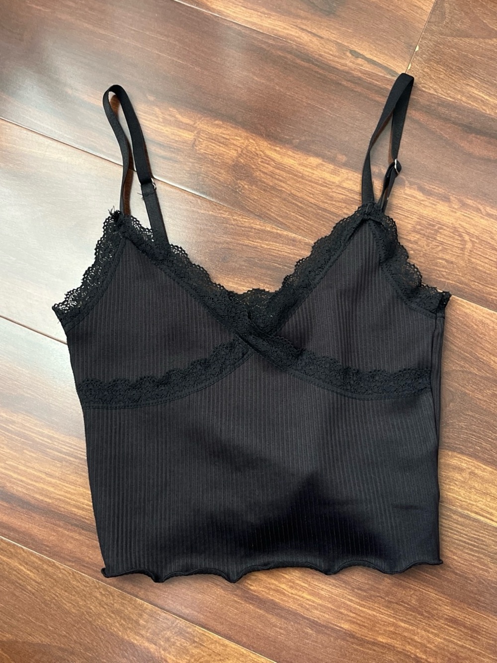 Divided Black Ribbed Lace-Trim Cami
